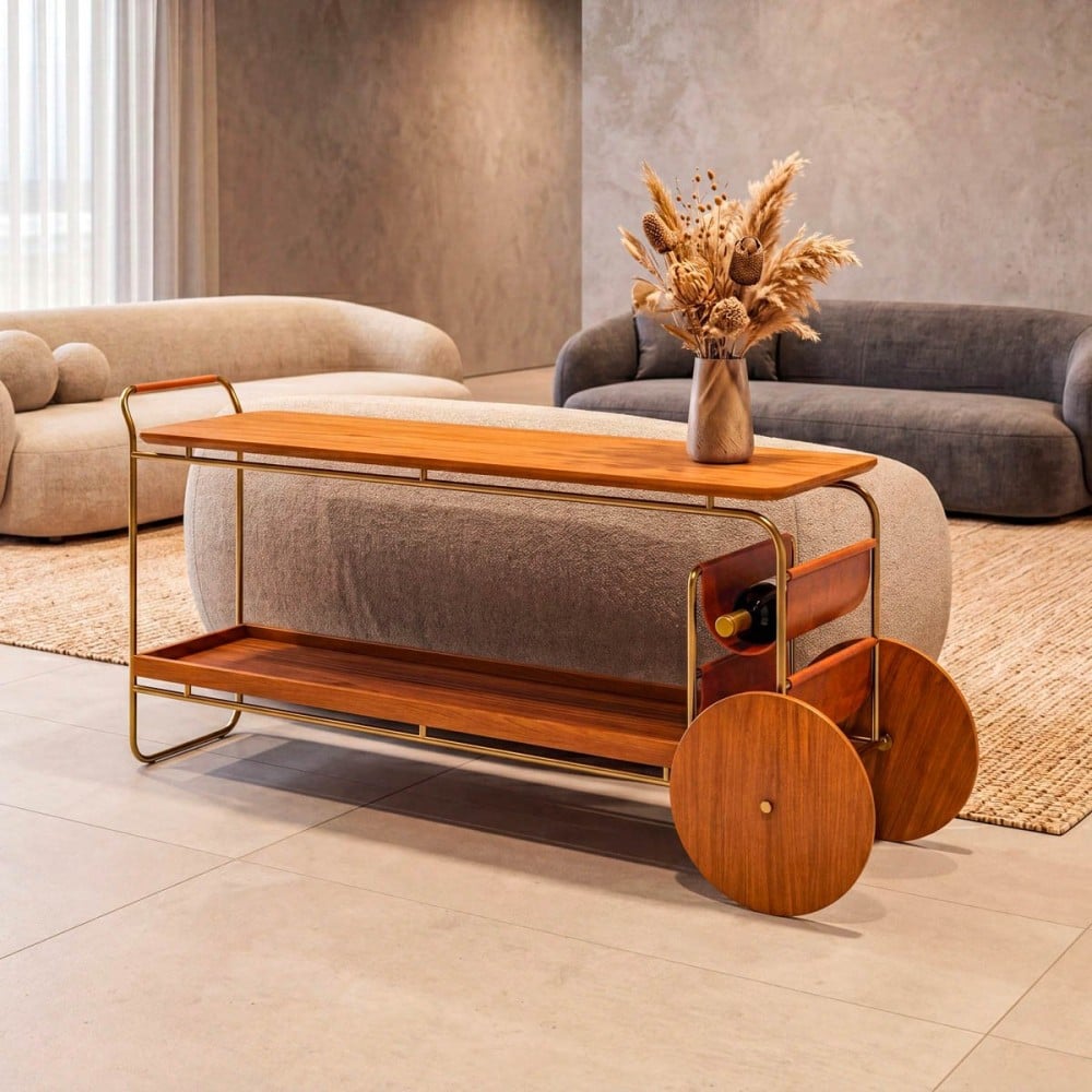 Aparador Artois Tampo Duplo Estrutura Metálica com Rodas Decorativas Champagne Design Jhoel Silva