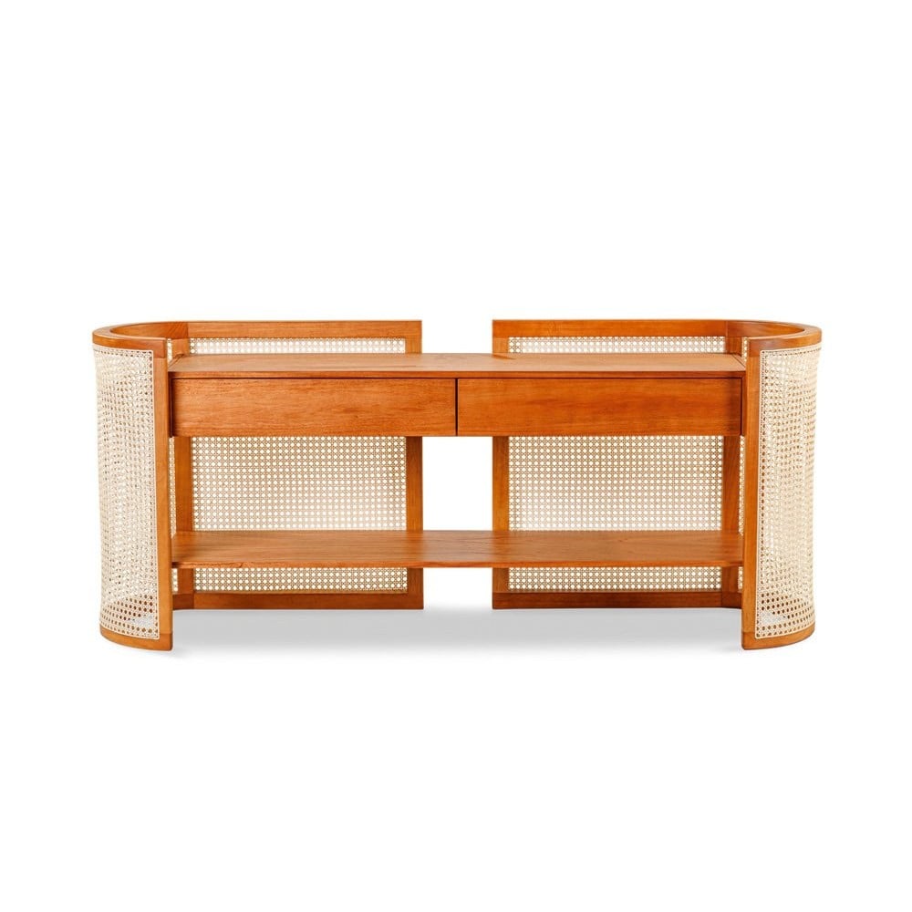 Aparador Petúnia com Gavetas e Prateleira Laminada Base Madeira Tauari Detalhe Rattan Sextavado