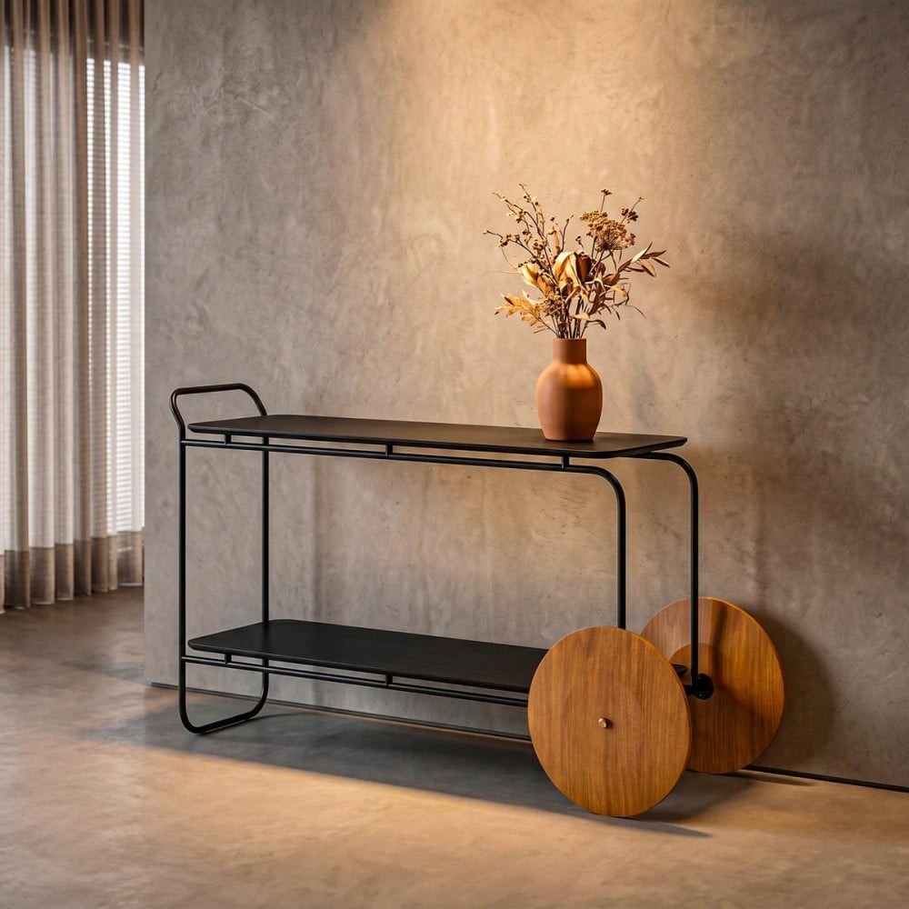 Aparador Urben Tampo Duplo Estrutura Metálica com Rodas Decorativas em Pintura Champagne Design Jhoel Silva