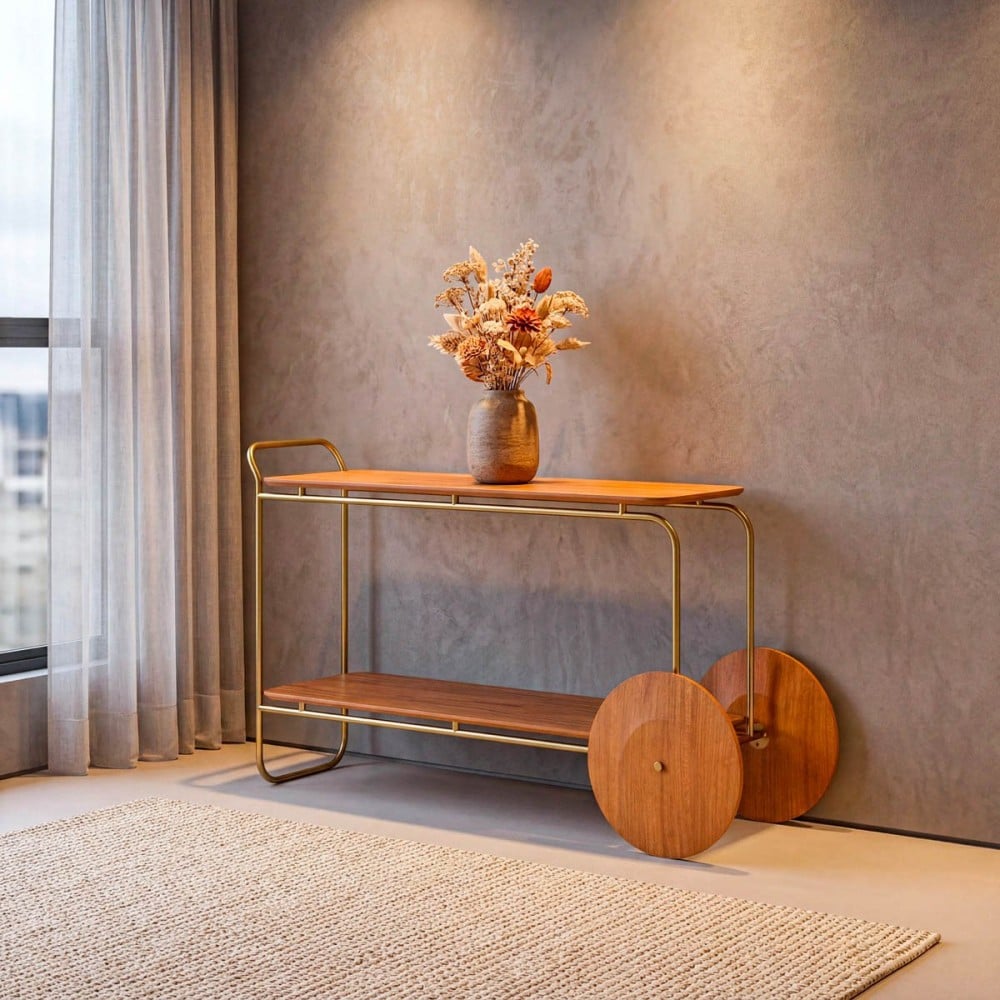 Aparador Urben Tampo Duplo Estrutura Metálica com Rodas Decorativas em Pintura Champagne Design Jhoel Silva