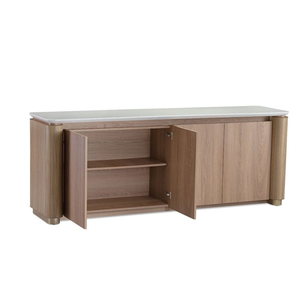 Balcão Buffet Maelle 4 Portas Tampo Laca Estrutura Laminado Melamínico Base em Aço Carbono