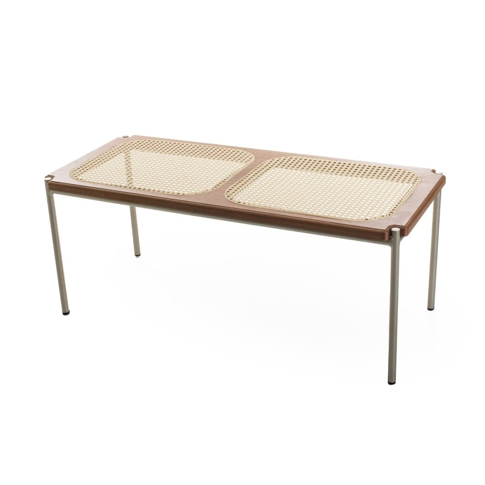 Banco Kiran Assento Laminado com Tela de Palha Natural Pés Aço Carbono