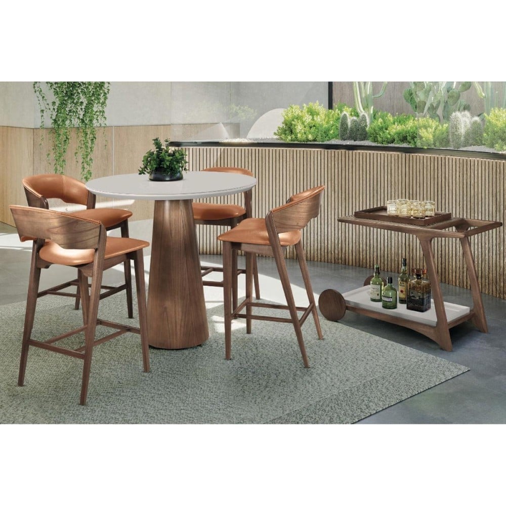 Banqueta Elara Estofada Encosto com Detalhe Amadeirado Design Atemporal
