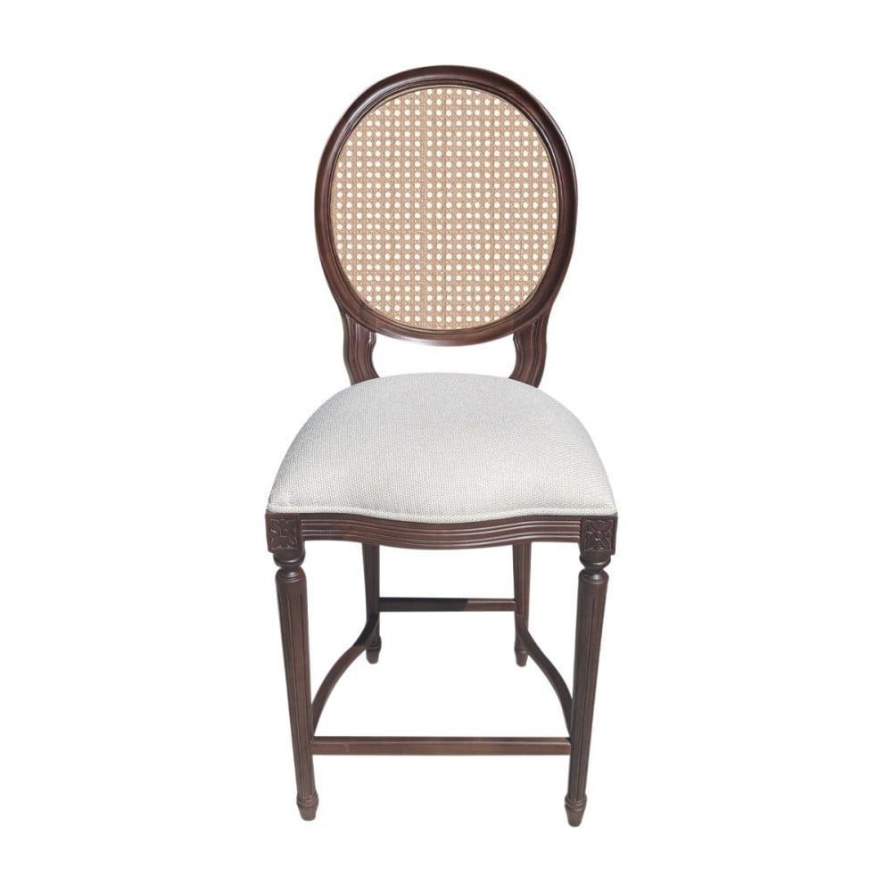 Banqueta Medalhão Provençal Encosto Palha Assento Estofado Madeira Maciça Torneada Design de Luxo Artesanal