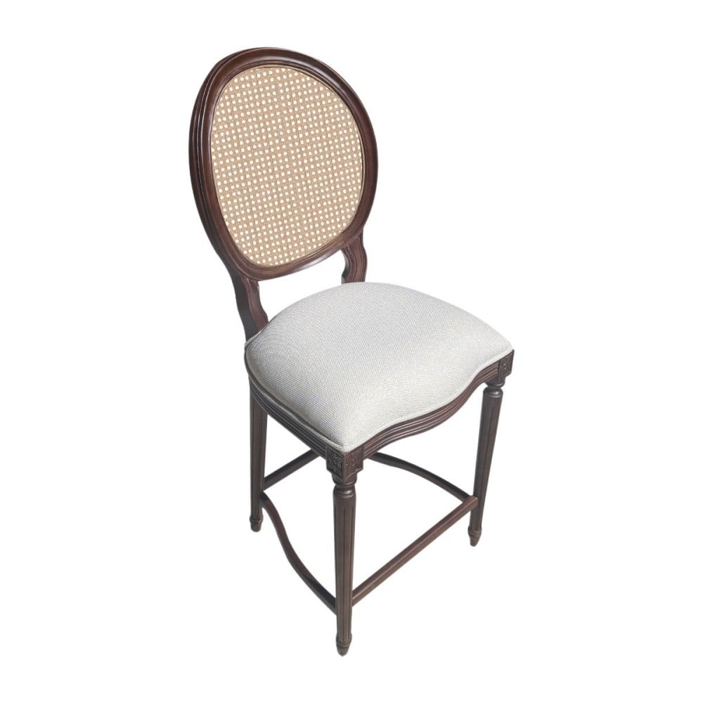 Banqueta Medalhão Provençal Encosto Palha Assento Estofado Madeira Maciça Torneada Design de Luxo Artesanal