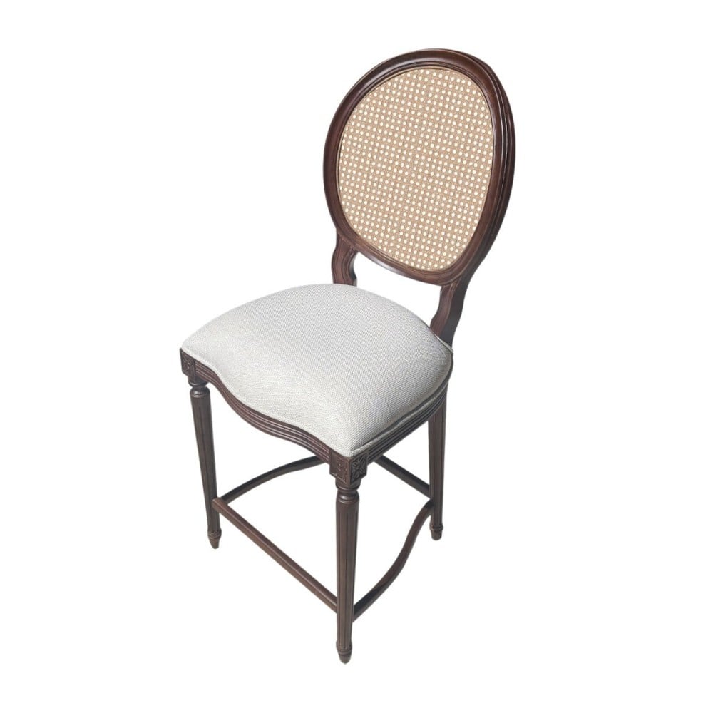 Banqueta Medalhão Provençal Encosto Palha Assento Estofado Madeira Maciça Torneada Design de Luxo Artesanal