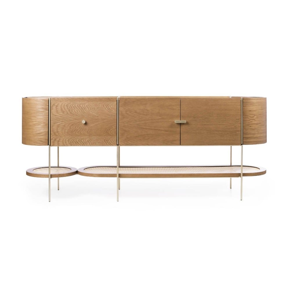 Buffet Melka 2 Portas 2 Gavetas Tampo com Bandeja Acabamento Lâmina de Madeira Prateleira Rattan Pés em Metal Design by Fabiano Salbego