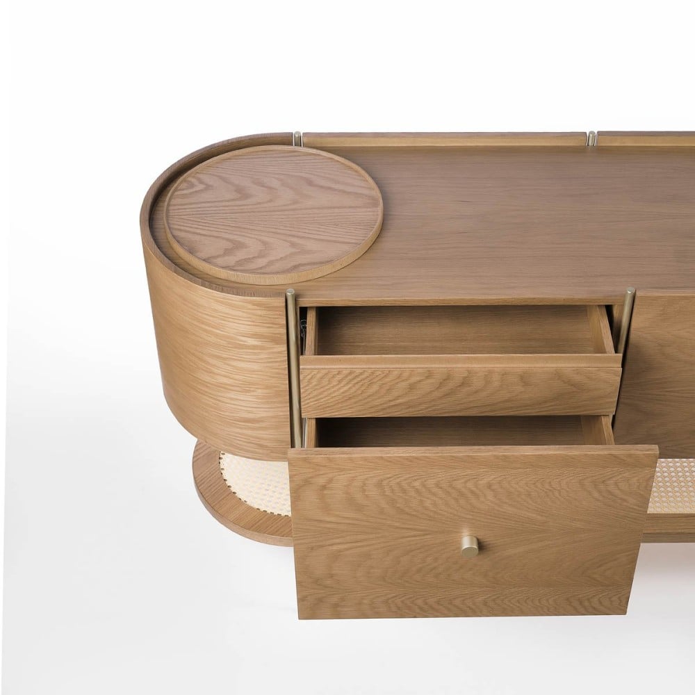 Buffet Melka 2 Portas 2 Gavetas Tampo com Bandeja Acabamento Lâmina de Madeira Prateleira Rattan Pés em Metal Design by Fabiano Salbego