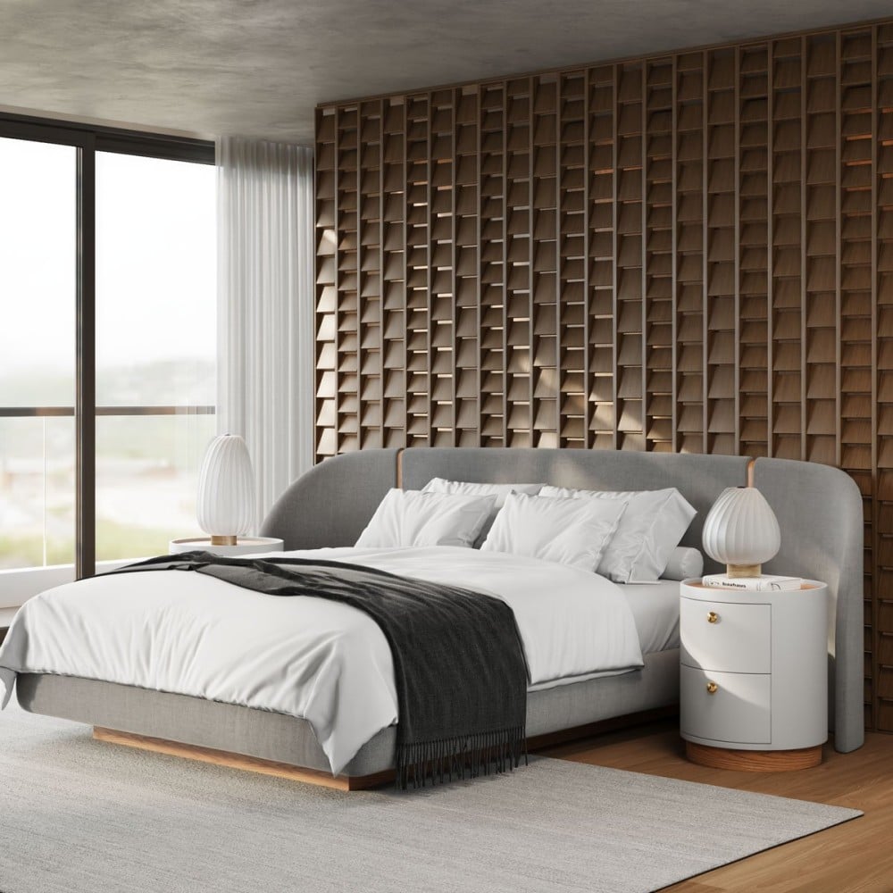 Cama Akander Estofada Cabeceira Tripartida Design Flutuante Base Bipartida