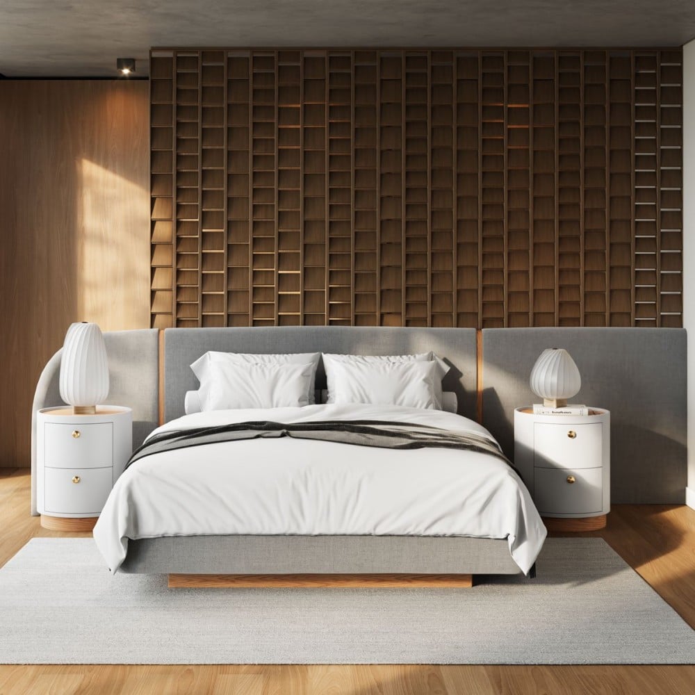 Cama Akander Estofada Cabeceira Tripartida Design Flutuante Base Bipartida
