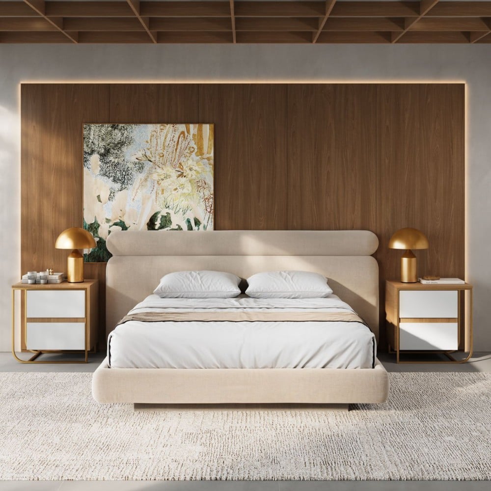 Cama Apis Estofada Design Flutuante Base Bipartida