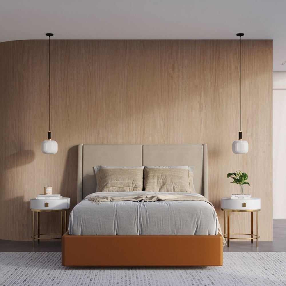 Cama Karima Estofada Design Flutuante Base Bipartida