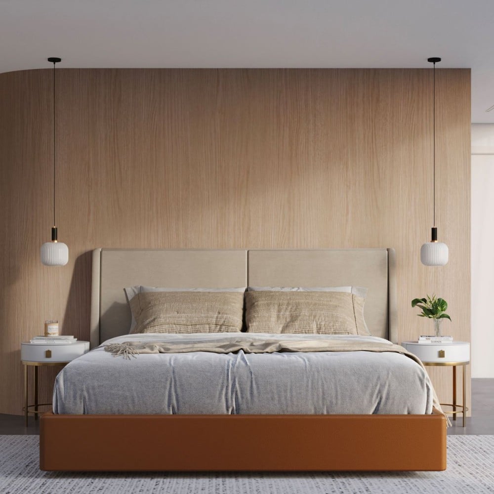 Cama Karima Estofada Design Flutuante Base Bipartida