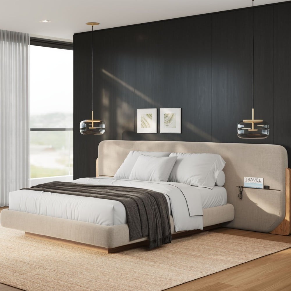 Cama Tessia Estofada Detalhe com Bolsos Laterais Design Flutuante Base Bipartida