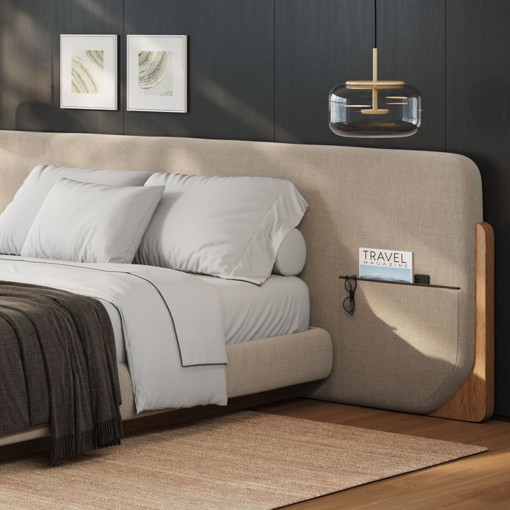 Cama Tessia Estofada Detalhe com Bolsos Laterais Design Flutuante Base Bipartida