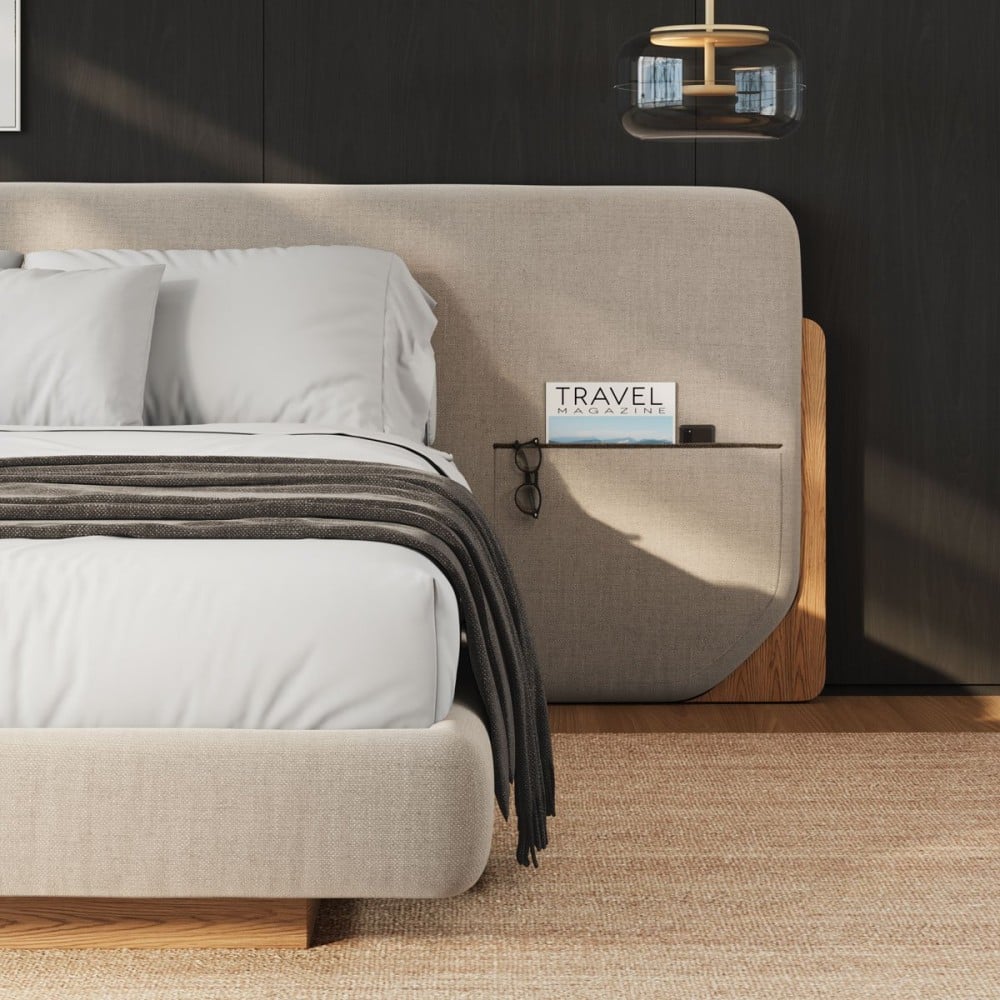 Cama Tessia Estofada Detalhe com Bolsos Laterais Design Flutuante Base Bipartida