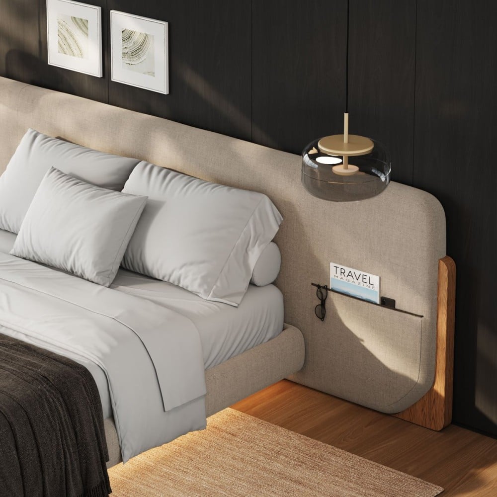 Cama Tessia Estofada Detalhe com Bolsos Laterais Design Flutuante Base Bipartida