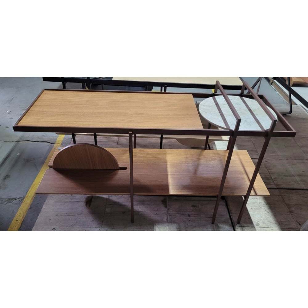Carrinho Aparador Valker Tampos e Roda com Acabamento Laminado Detalhe Disco em Mármore Estrutura em Metal com Pintura Epóxi