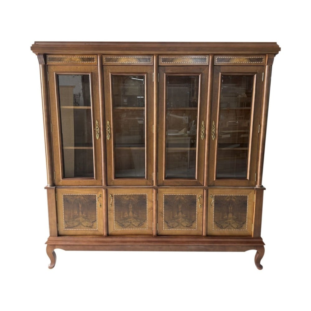 Estante Lucca 4 Portas com Vidro Madeira Maciça Marchetaria Design Clássico