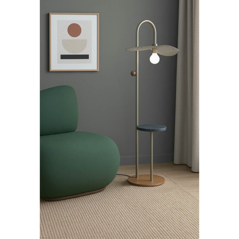 Luminária com Mesa de Apoio Nebel Tampo em Pedra Natural Estrutura em Metal Base em Lâmina de Madeira Design by Bruno Henrique Rodrigues