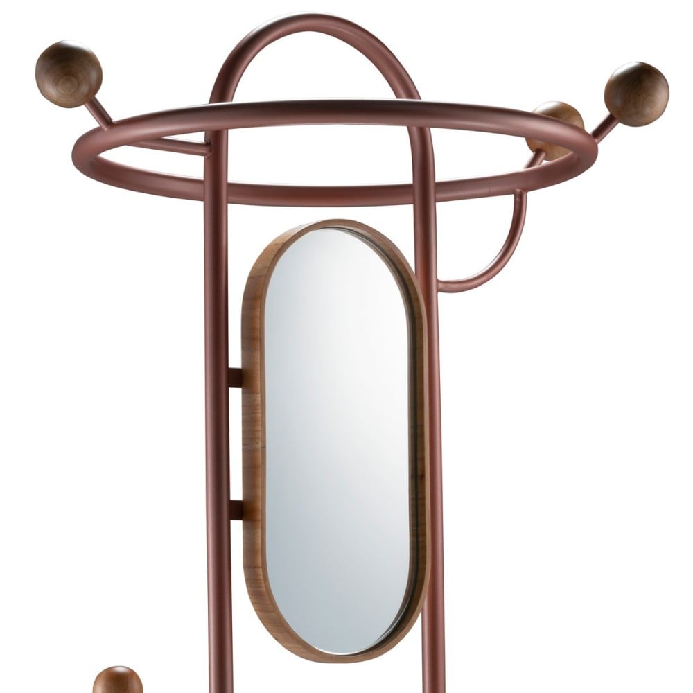 Mancebo Astra Cabideiro com Espelho e Bandeja Redonda com Recouro Estrutura em Aço Carbono Base em Madeira Design by Studio Oune