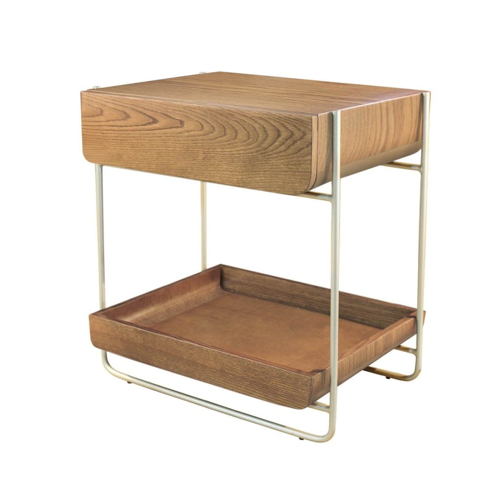 Mesa de Cabeceira Dhoni com Gaveta Acabamento Lâmina de Madeira Prateleira Multifuncional Pés em Metal Design by Jonathan Mendes
