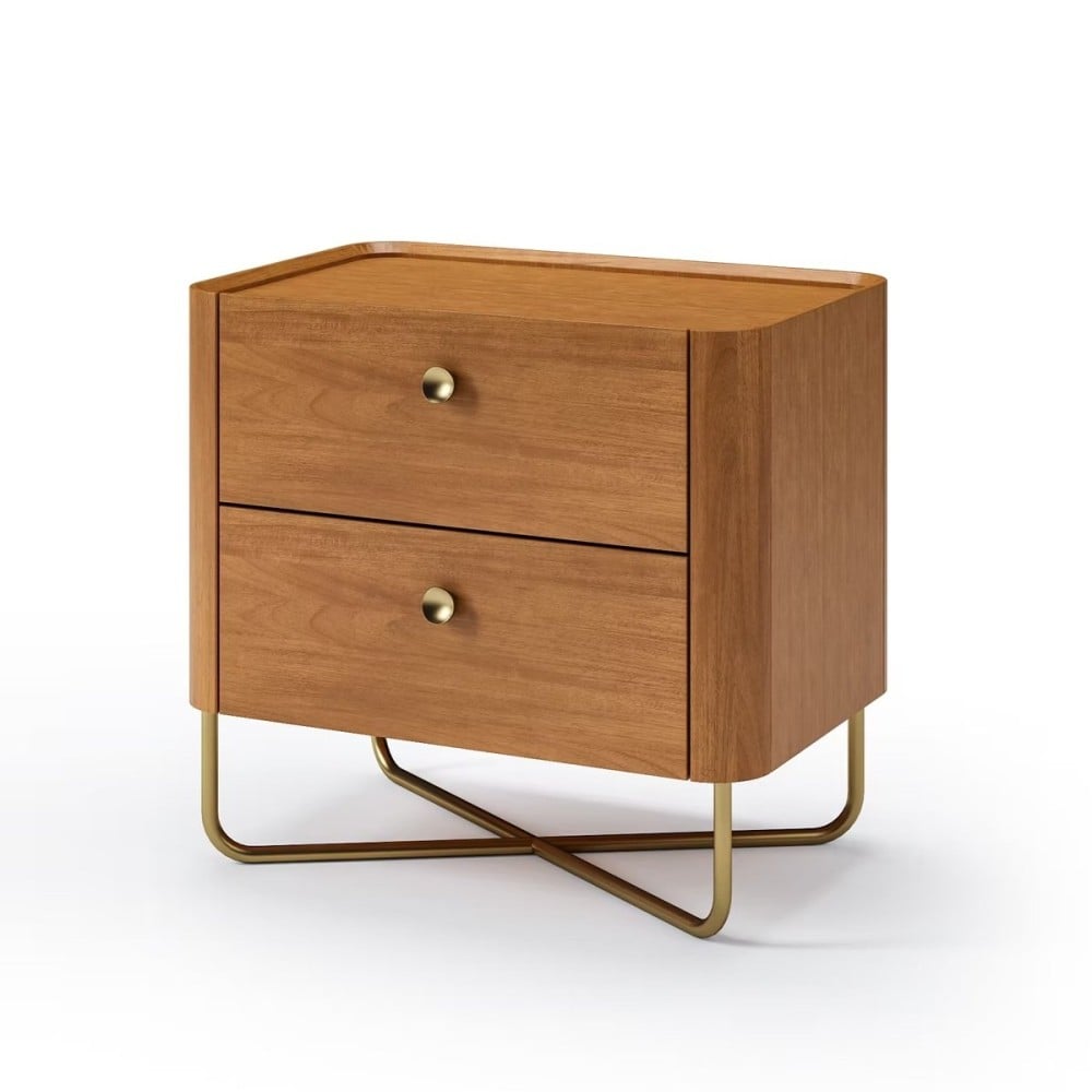 Mesa de Cabeceira Mirari com 2 Gavetas Estrutura Madeira Eucalipto e Lâmina Natural de Jequitibá Base Aço Carbono Dourado Design by Jhoel Silva