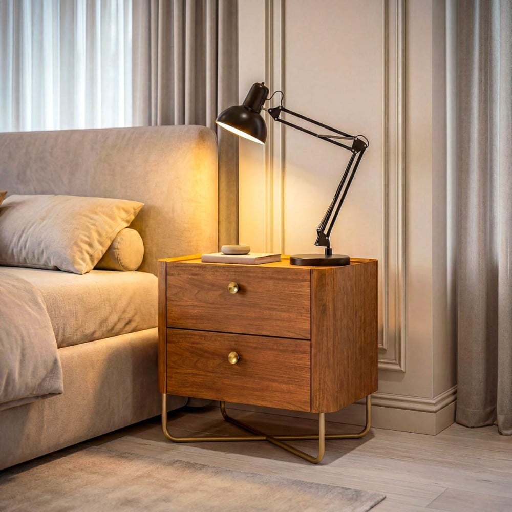 Mesa de Cabeceira Mirari com 2 Gavetas Estrutura Madeira Eucalipto e Lâmina Natural de Jequitibá Base Aço Carbono Dourado Design by Jhoel Silva