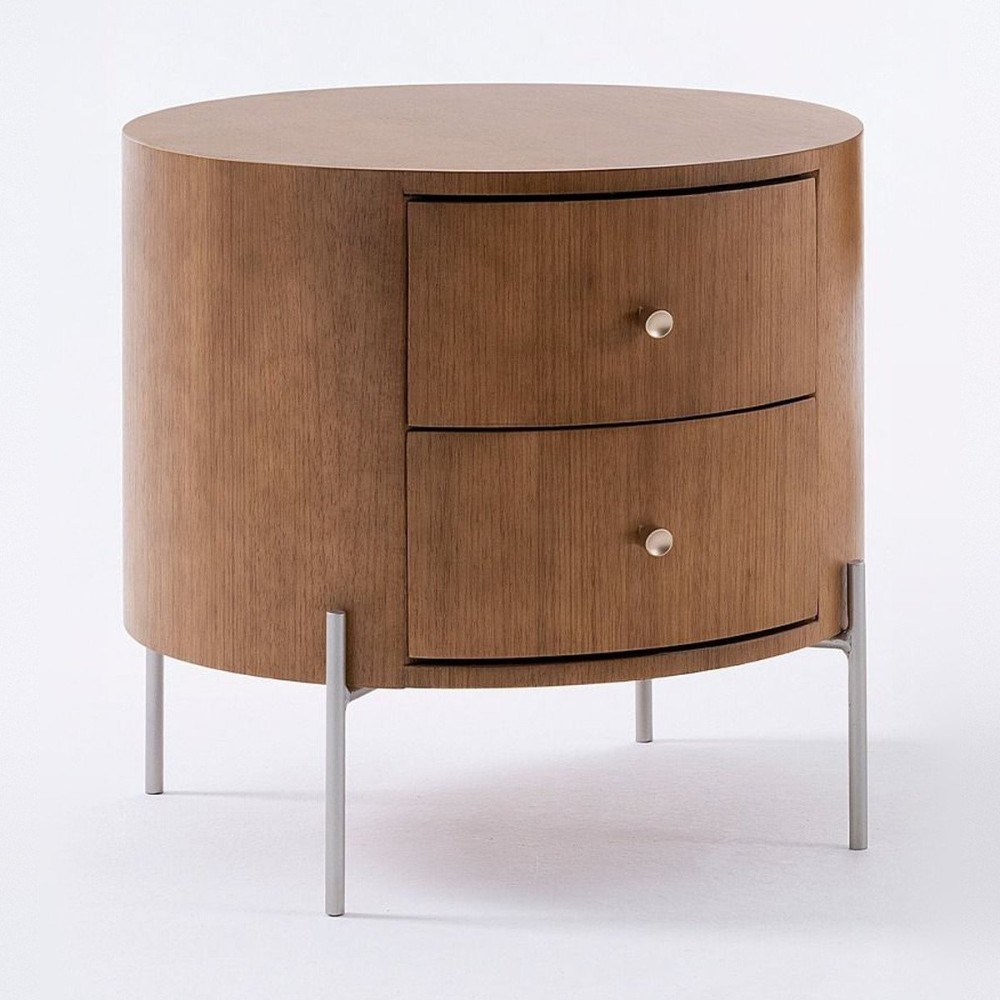Mesa de Cabeceira Perla 2 Gaveta com Corpo Cilíndrico em Madeira e Pés Tubulares em Metal