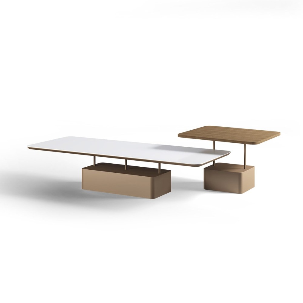 Mesa de Centro Alba Duo composta por mesa retangular e mesa quadrada que podem ser utilizadas juntas ou separadamente, criando diferentes composições para salas de estar contemporâneas. O conjunto combina design moderno, versatilidade e equilíbrio visual,