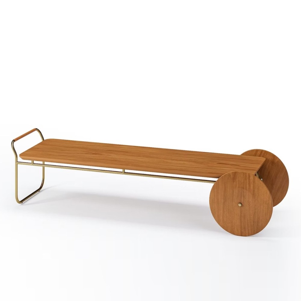 Mesa de Centro Artois Tampo em Lâmina Natural de Cinamomo Estrutura Metálica com Rodas Decorativas Champagne Design by Jhoel Silva