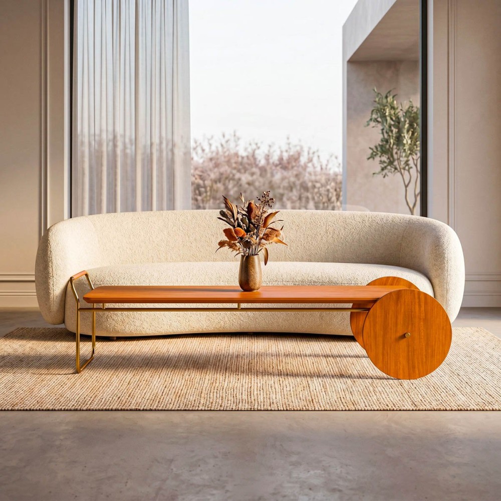 Mesa de Centro Artois Tampo em Lâmina Natural de Cinamomo Estrutura Metálica com Rodas Decorativas Champagne Design by Jhoel Silva