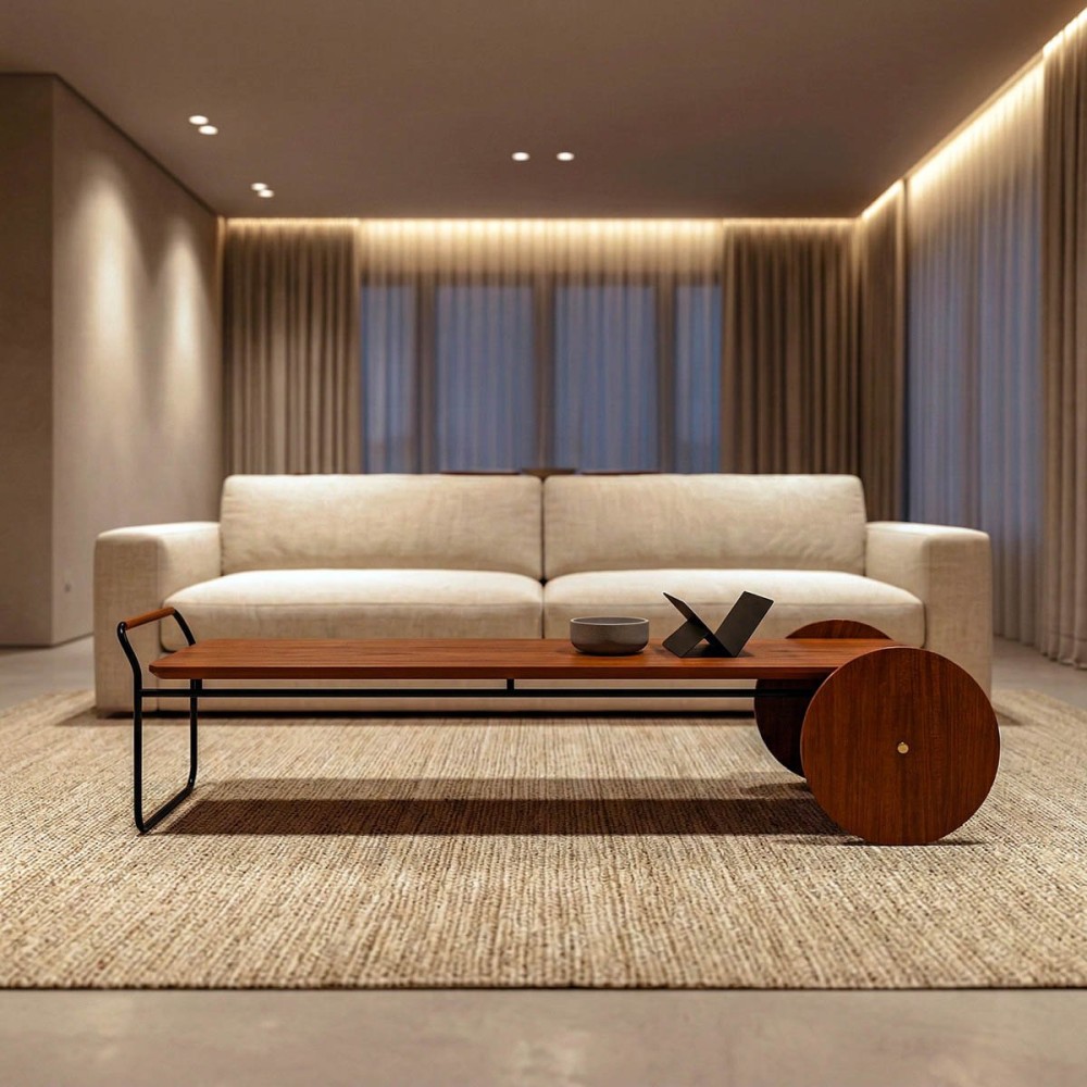 Mesa de Centro Artois Tampo em Lâmina Natural de Cinamomo Estrutura Metálica com Rodas Decorativas Champagne Design by Jhoel Silva