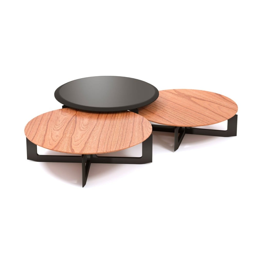 Mesa de Centro Dallas Trio Design Redondo Tampos em Lâmina Natural e Tampo Chanfrado Laqueado Pés em Madeira