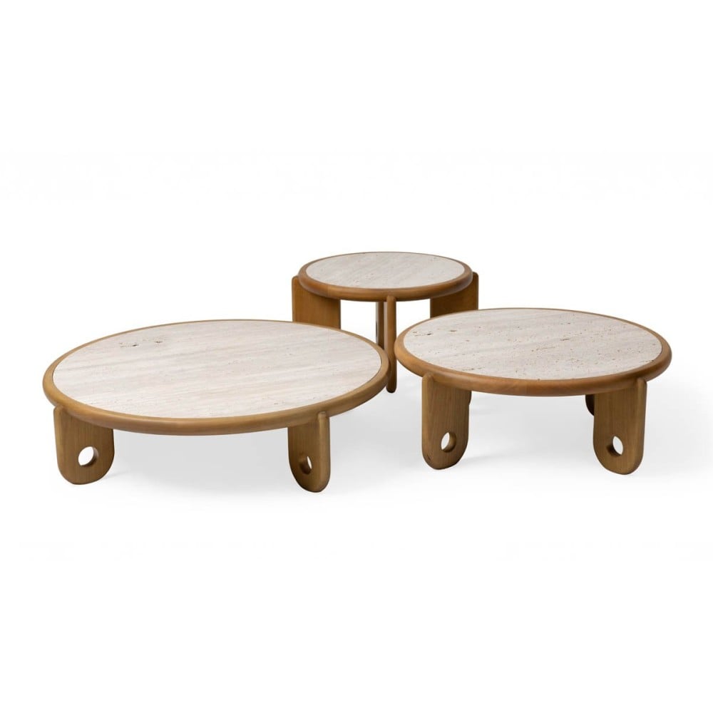 Mesa de Centro Individual Dalmay Design Redondo Moldura Madeira com Pedra Natural Estrutura Madeira Maciça
