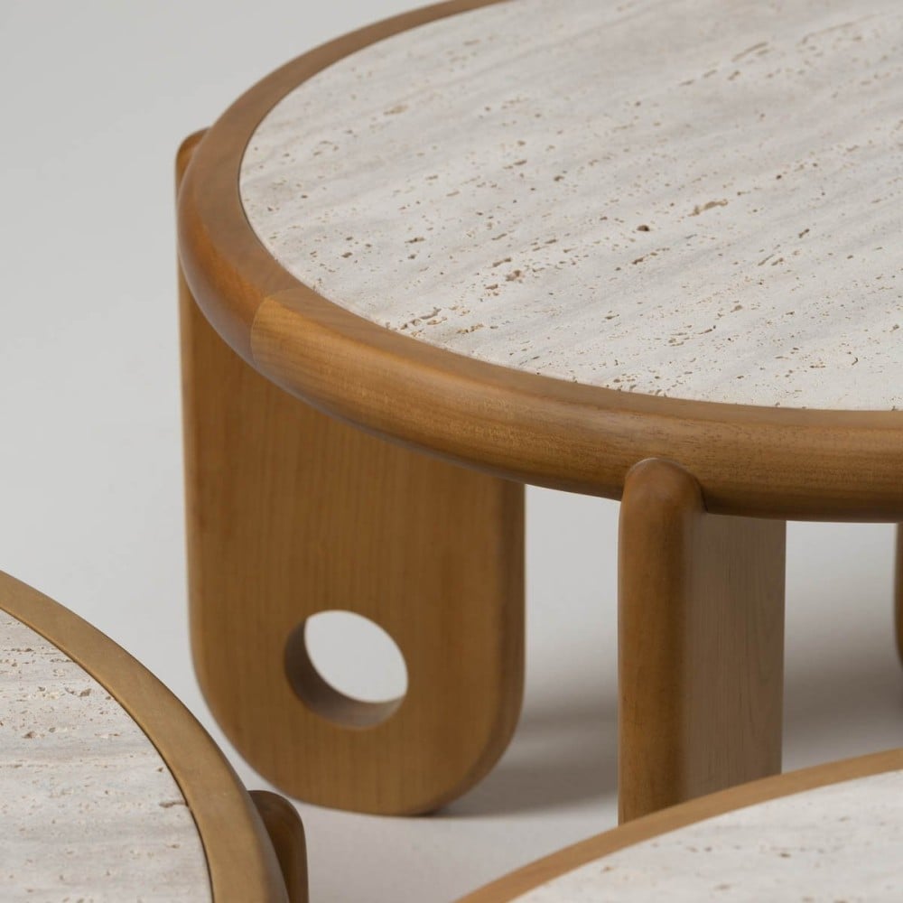 Mesa de Centro Individual Dalmay Design Redondo Moldura Madeira com Pedra Natural Estrutura Madeira Maciça