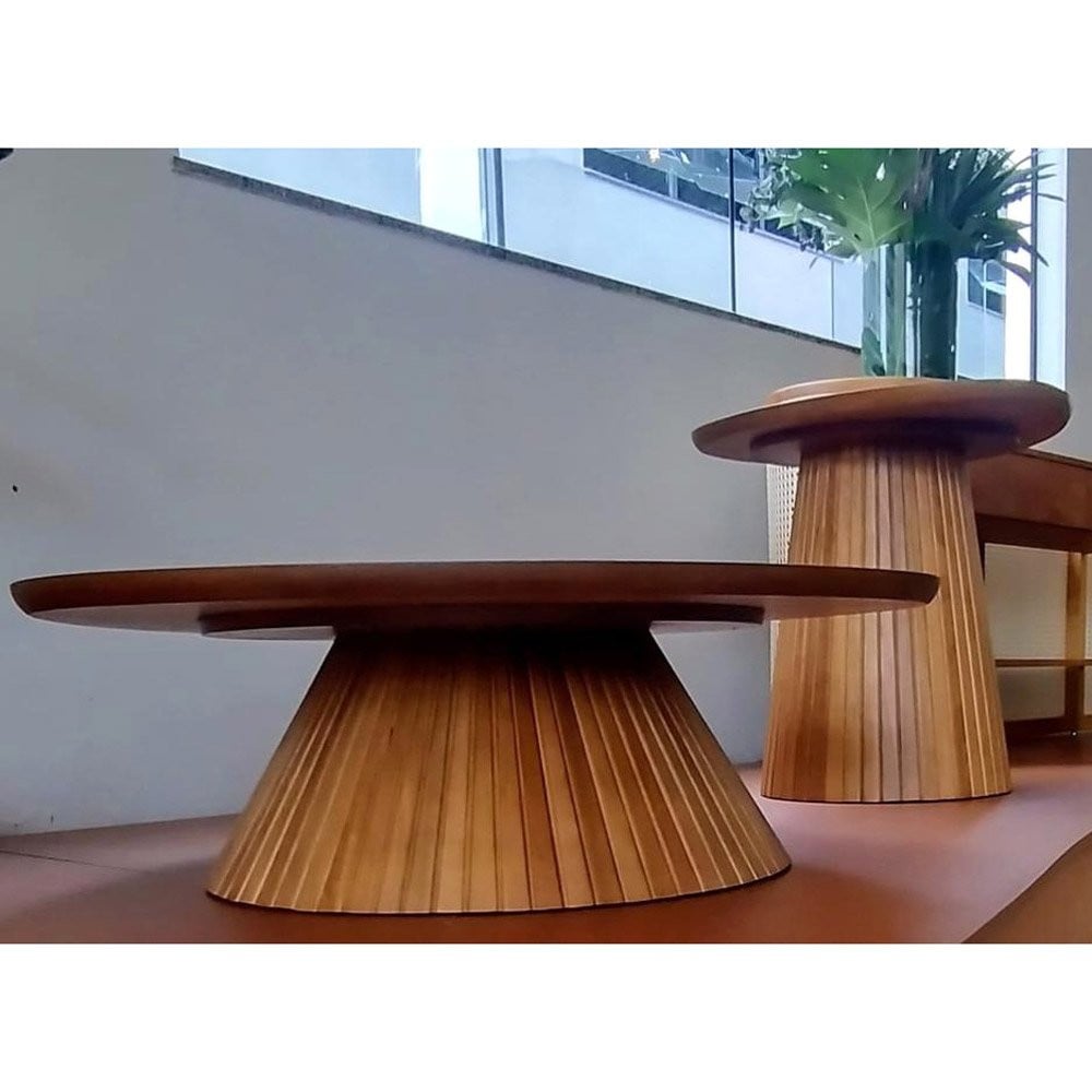 Mesa Lateral Sândalo Design Orgânico Tampo Laminado Base Ripado Madeira Maciça Tauari