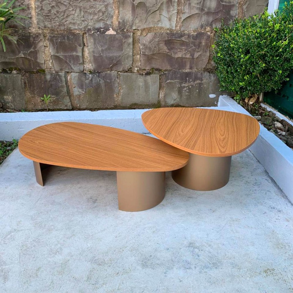 Mesa de Centro Eben Duo Tampos Orgânicos em Madeira e Vidro Pintado Base Aço Carbono com Pintura Epóxi
