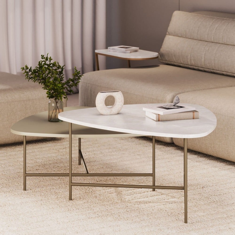 Mesa de Centro Frida Triangular Conjunto Tampo com Acabamento Melamínico e Vidro Estrutura Metálica