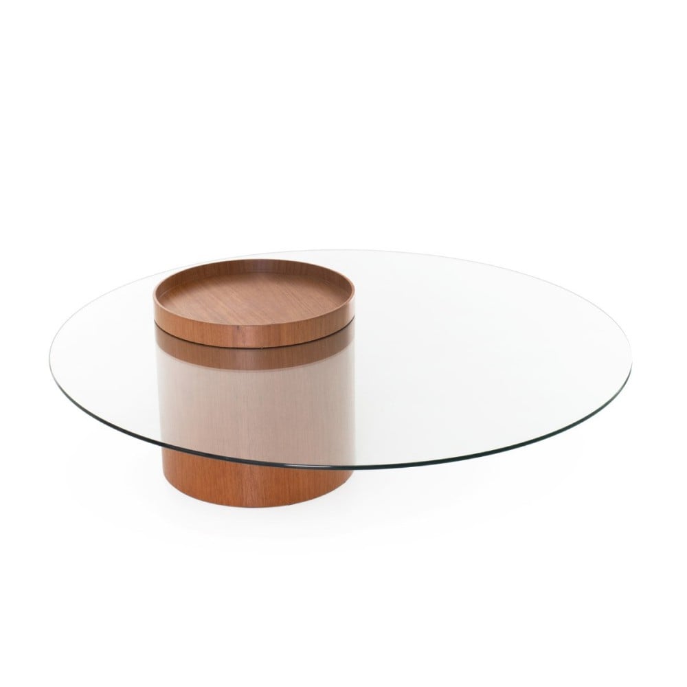 Mesa de Centro Leevy Tampo de Vidro Base Lâmina Natural de Madeira Design by Lucas Pasterchak