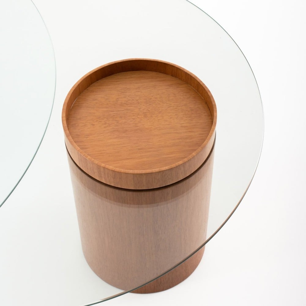 Mesa de Centro Leevy Tampo de Vidro Base Lâmina Natural de Madeira Design by Lucas Pasterchak
