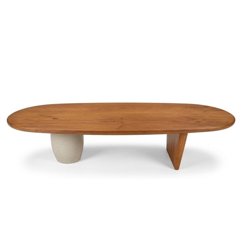 Mesa de Centro Meriva II em Madeira Maciça com Tampo Oblongo e Bases Assimétricas em Mineral e Madeira Design by Studio Traço