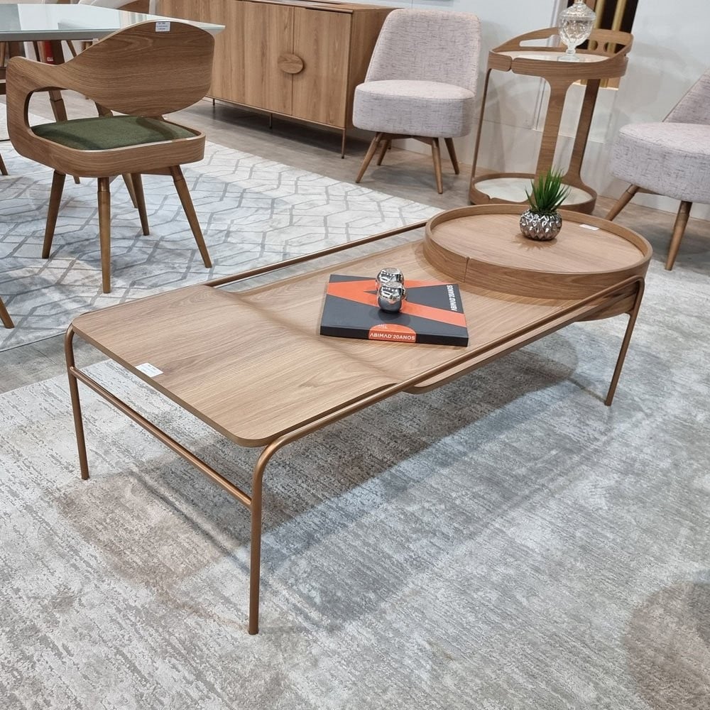Mesa de Centro Nami Retangular Detalhe Design Redondo Tampo com Laminado Melamínico Base em Aço Carbono
