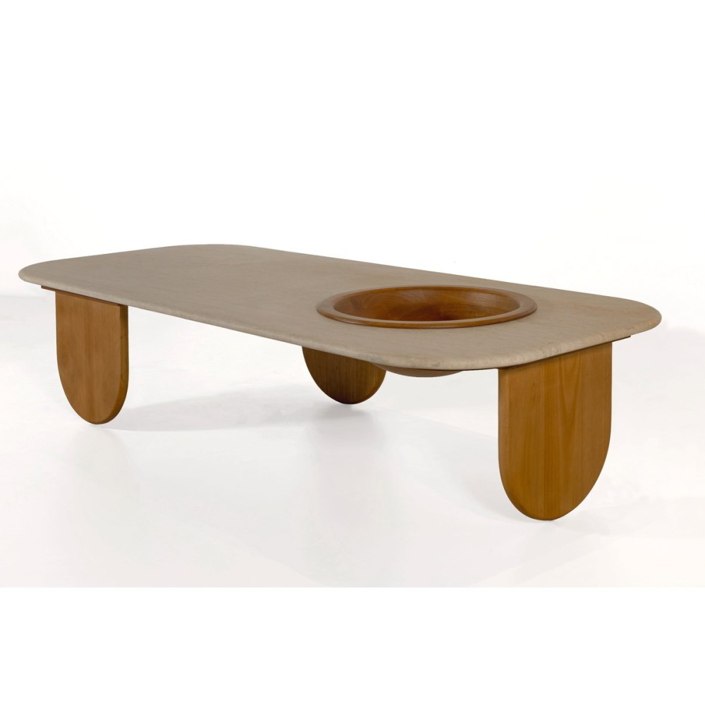 Mesa de Centro Nizhara II Tampo Retangular em Pedra Natural com Gamela Embutida em Madeira Tauari Design by M7 Estúdio