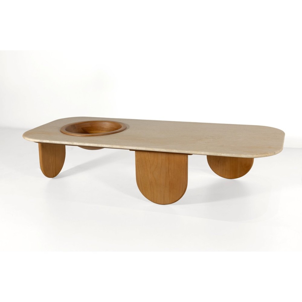 Mesa de Centro Nizhara II Tampo Retangular em Pedra Natural com Gamela Embutida em Madeira Tauari Design by M7 Estúdio