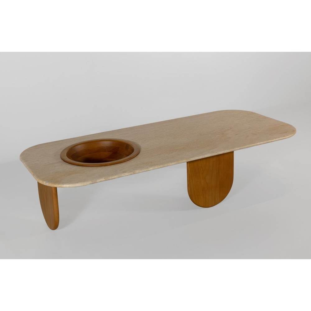 Mesa de Centro Nizhara II Tampo Retangular em Pedra Natural com Gamela Embutida em Madeira Tauari Design by M7 Estúdio