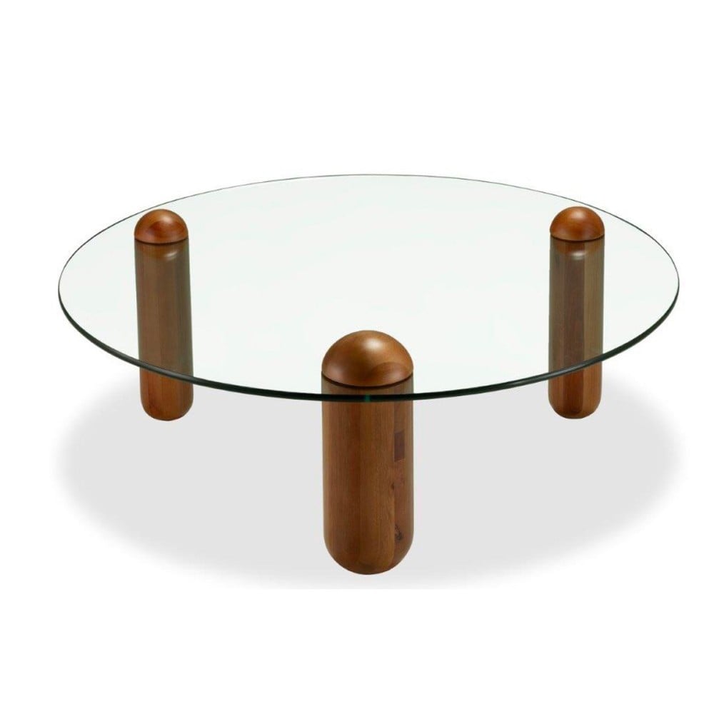 Mesa de Centro Obylon Vidro Tampo Redondo com Pés Cápsula em Madeira Maciça Design by Jonas Carnelossi