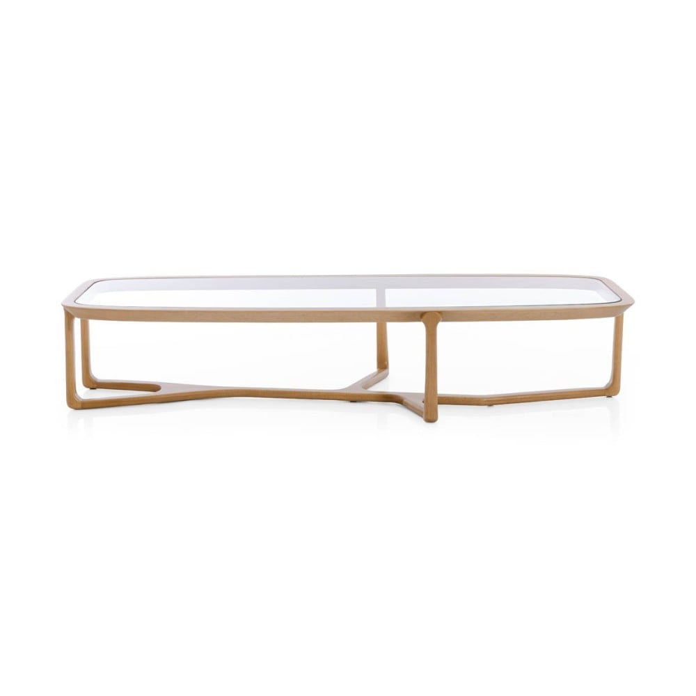 Mesa de Centro Pisthacci Tampo de Vidro Estrutura Madeira Maciça by Asa Design Studio