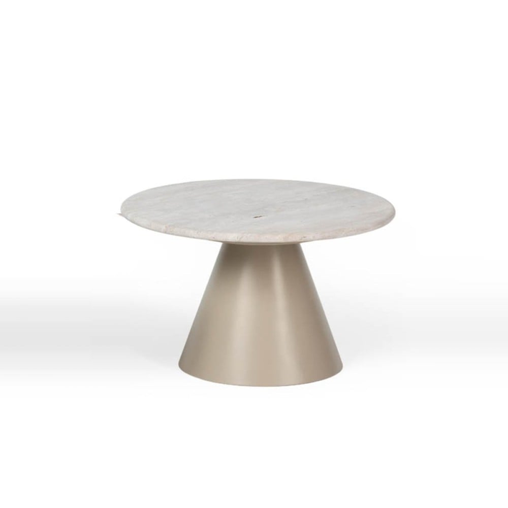 Mesa de Centro Surya II Design Orgânico Tampo com Pedra Natural Base Cônica em Lâmina de Madeira Detalhe em Metal