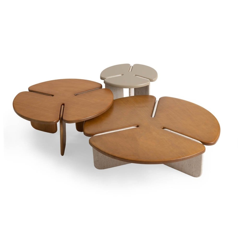 Mesa de Centro Individual Trivory Design Redondo Tampo Madeira Maciça Base Tripla em Pedra Natural 